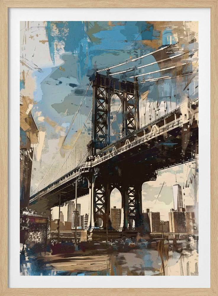 An abstract painting of the Manhattan Bridge in New York City. The view is from a low angle, looking up at the dark, detailed structure of the bridge against a sky filled with broad, expressive brushstrokes of blue, tan, and white. The city skyline, including the Freedom Tower, is visible in the background. Poster