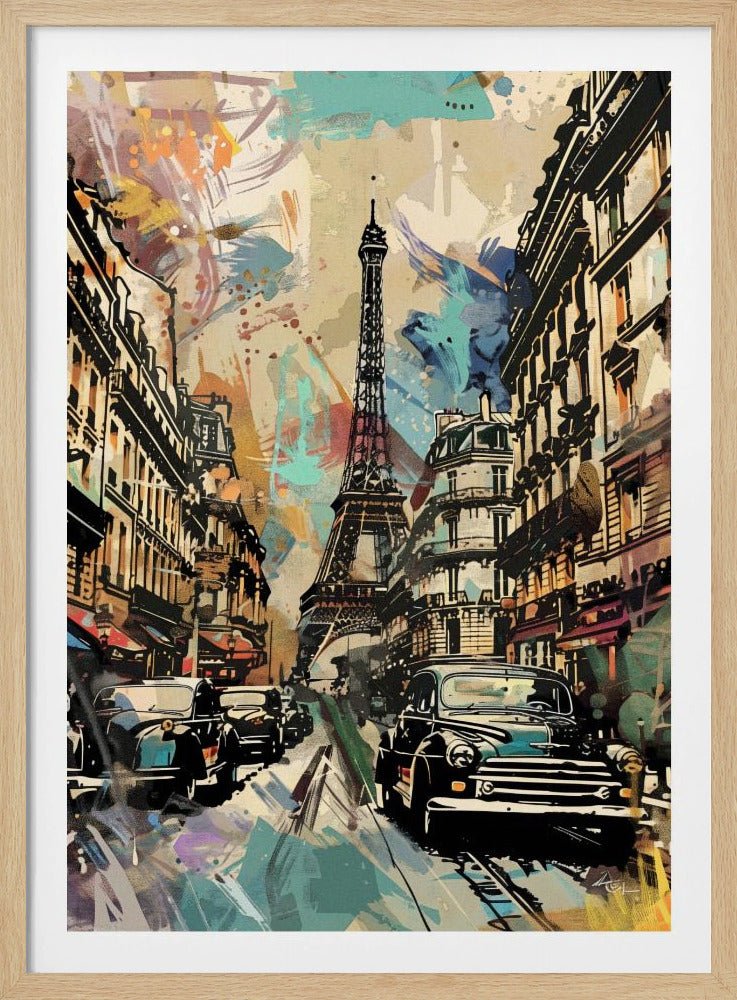 An abstract, graffiti-style painting of a vintage Parisian street scene, with the Eiffel Tower rising in the background between classic European buildings, and old-fashioned cars lining the road, all overlaid with vibrant splashes of teal, orange, and blue paint. Poster