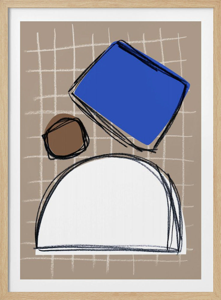 An abstract digital painting featuring three geometric shapes against a beige, grid-patterned background. A large white semi-circle sits at the bottom, topped by a small brown circle and a tilted, vibrant blue rectangle, all outlined with loose, sketchy black lines. Wall Art