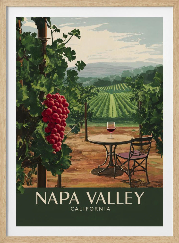 A vintage-style travel poster for Napa Valley, California. The scene depicts a lush vineyard with a bunch of red grapes in the foreground. A table with a glass of red wine and a chair overlook rows of grapevines leading to distant hills. Print