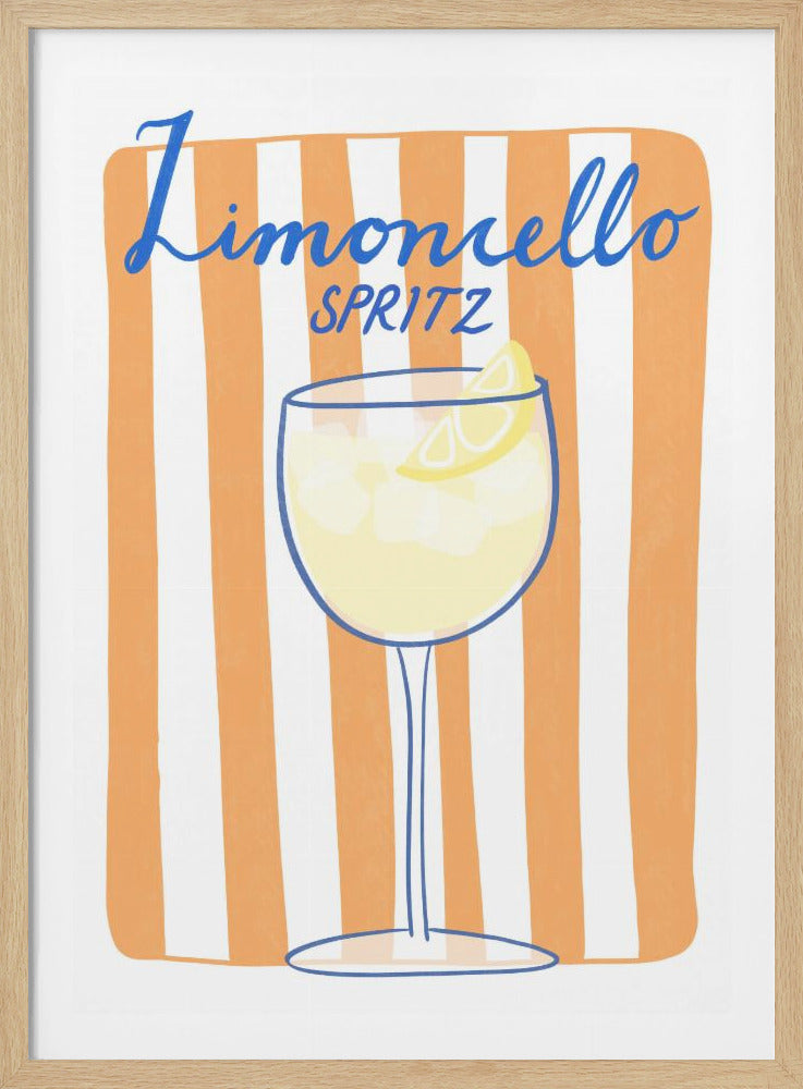 A stylized art print of a Limoncello Spritz cocktail against a background of bold orange and white vertical stripes. The drink is in a blue-outlined wine glass, filled with a pale yellow liquid, ice cubes, and a lemon wedge. Above the glass, the word 'Limoncello' is written in a flowing blue script, with 'SPRITZ' in a smaller blue sans-serif font below it. Poster