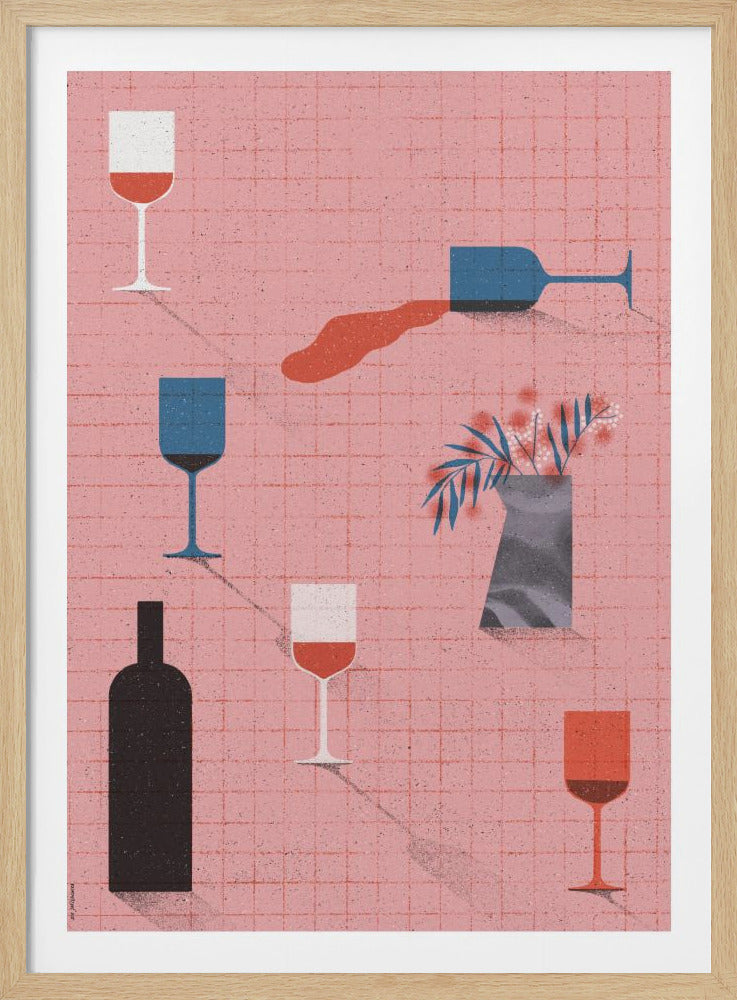 A modern, textured illustration featuring various wine glasses, a wine bottle, and a vase on a pink grid background. One blue glass is tipped over, spilling red wine onto the surface. The objects cast long, stylized shadows, creating a dynamic composition. Wall Art