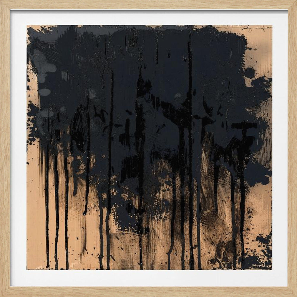 An abstract painting in a light wood frame featuring a textured beige background with thick, glossy black paint heavily applied across the top half, with prominent drips and splatters running down the canvas. Poster