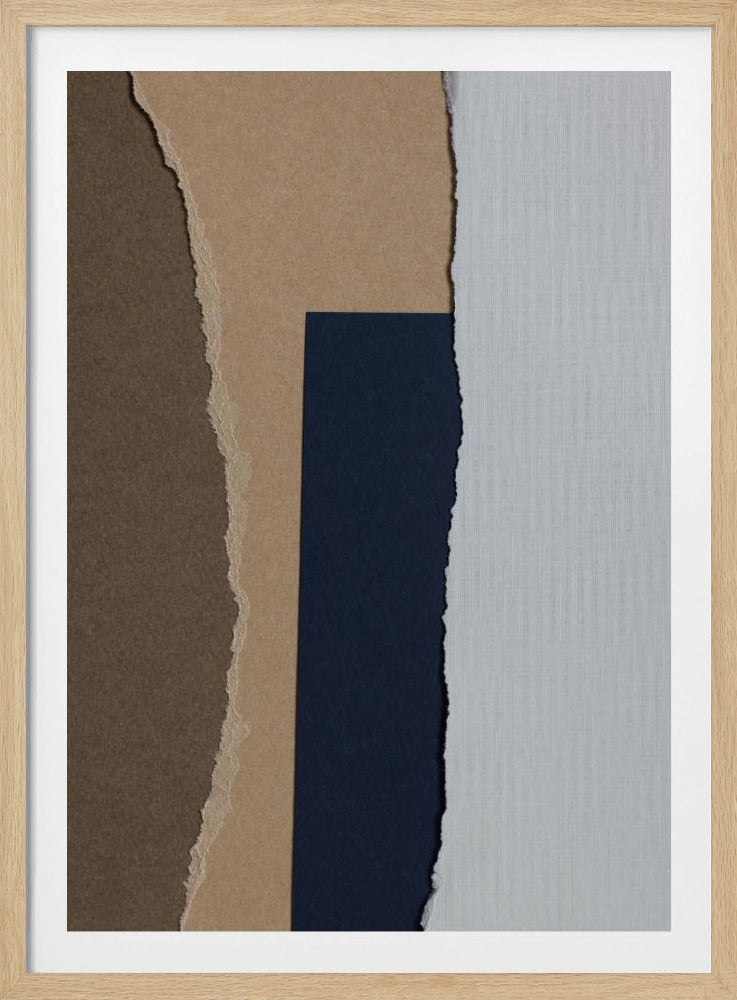 A framed abstract collage made of four vertical strips of torn, textured paper. From left to right, the colors are dark brown, light brown, deep navy blue, and light gray, creating a minimalist composition of color and texture. Wall Art