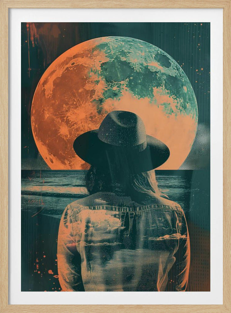 A surreal piece of art depicting a woman from behind, wearing a black fedora and a denim jacket. She is looking out over a dark sea towards a giant, textured moon that is colored in orange and teal, hanging in a starry night sky. The image has a distressed, double-exposure style. Artwork