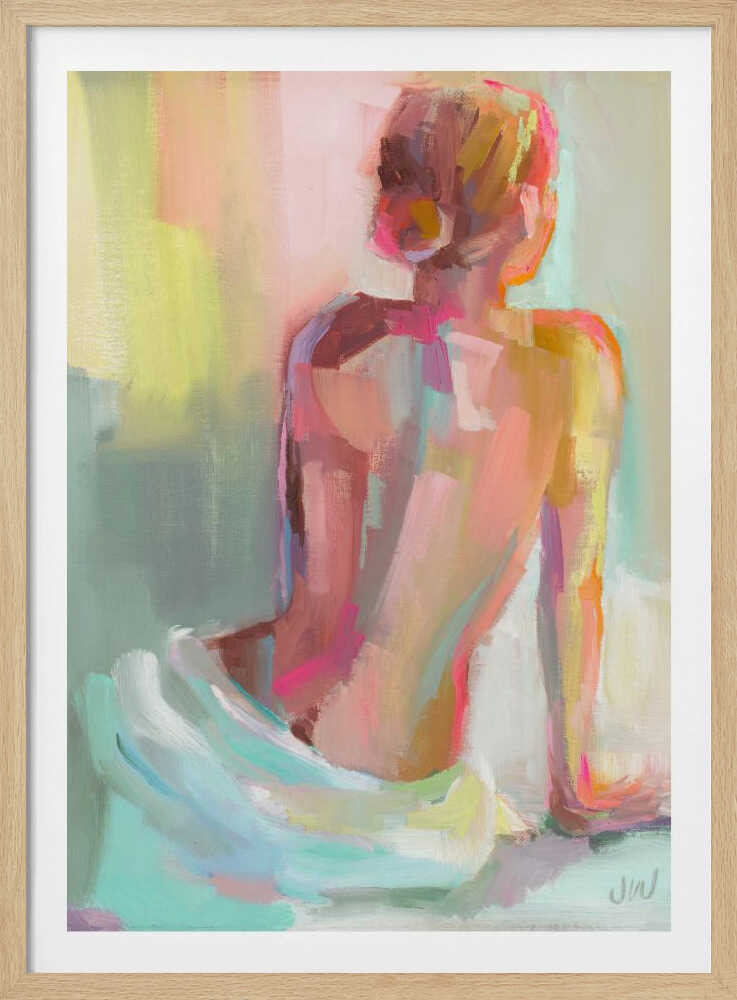 An impressionistic painting of a woman sitting with her back to the viewer, rendered in broad, expressive brushstrokes of pastel pinks, yellows, and mint green. Wall Art