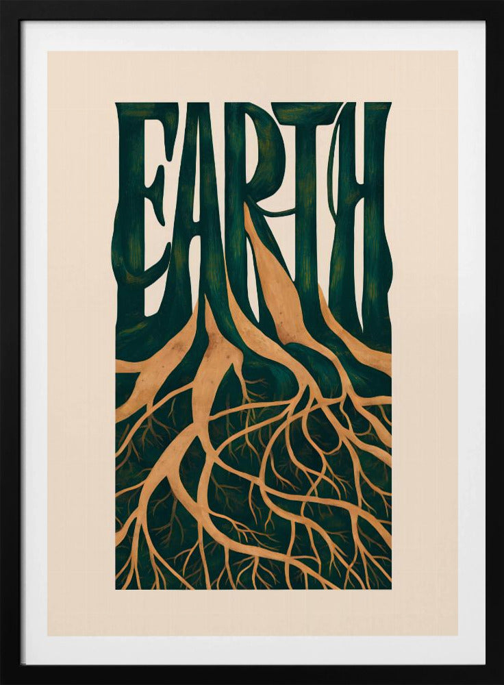 An illustrative art print featuring the word 'EARTH' in large, dark green, stylized letters. The letters seamlessly transform into tree trunks, with an intricate network of golden-brown roots extending downwards, all set against a cream-colored background and framed in black. Artwork