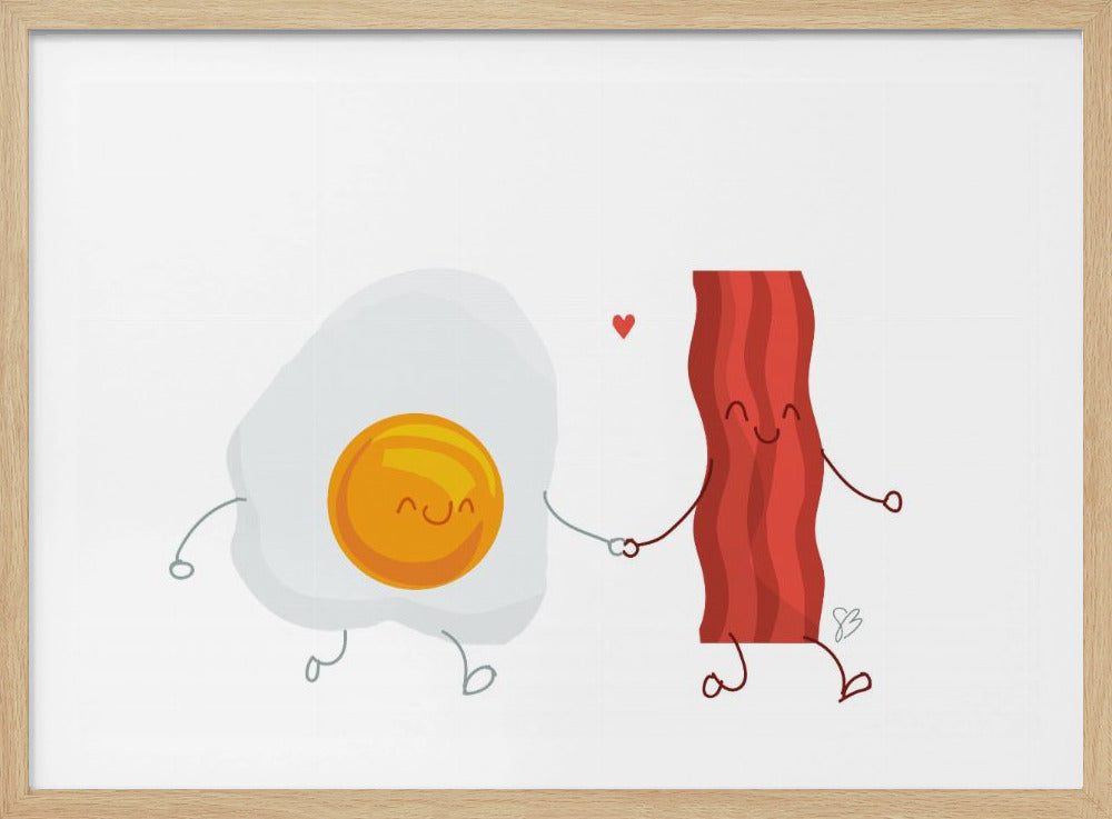 A cute cartoon illustration of a smiling fried egg and a happy strip of bacon holding hands, with a small red heart floating between them. The artwork is on a white background and shown within a silver frame. Wall Art
