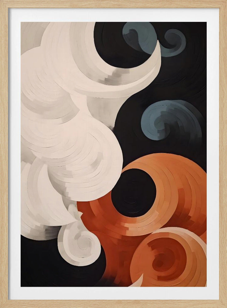 Abstract depiction of clouds, featuring soft, blending colors like blue, white, and grey, resembling a painted sky on a poster or art print. Artwork