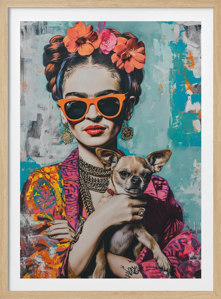 A modern, stylized pop art portrait of Frida Kahlo wearing bright orange sunglasses and red lipstick. Her hair is in an updo with orange and pink flowers, and she is holding a small chihuahua dog against her colorful patterned jacket. The background is an abstract texture of turquoise and white. Print