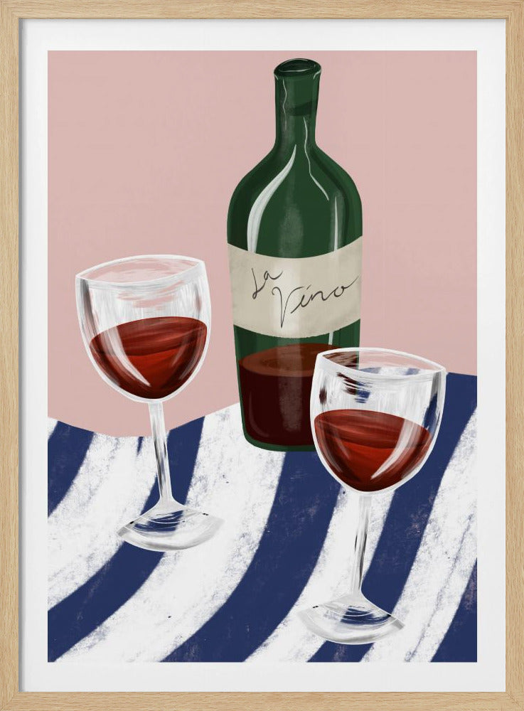 A modern still life painting featuring a dark green bottle of wine and two glasses of red wine. The setting is on a blue and white striped tablecloth against a soft pink background. The label on the wine bottle has 'La Vino' written in cursive. Poster