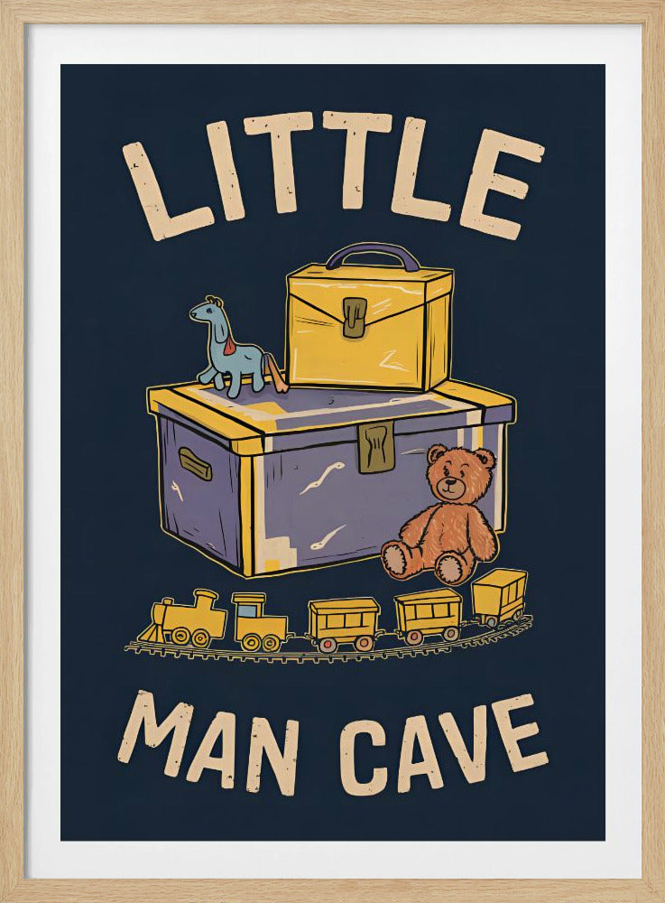 A framed vintage-style illustration with the text 'LITTLE MAN CAVE' on a dark blue background. The artwork features classic toys, including a toy chest, a teddy bear, a toy train on tracks, and a small horse on wheels. Decor