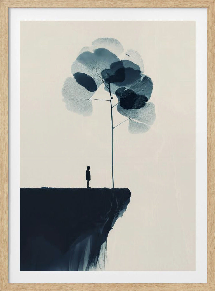 A minimalist abstract artwork featuring a dark silhouette of a person standing on a cliff's edge next to a tall, thin tree with large, translucent blue leaves against a light beige background. Wall Art