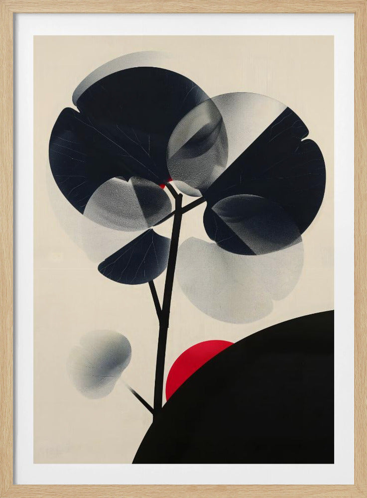 A modern abstract artwork in a black frame featuring a stylized black tree against a cream background. The tree has large, overlapping leaves in solid black and stippled gray, creating a sense of transparency. A bold red circle, like a sun, rises behind a black silhouetted hill in the bottom right corner. Wall Art