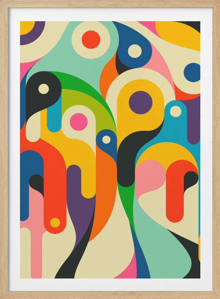 A vibrant abstract digital art piece in a black frame, featuring a complex pattern of overlapping, curvilinear, and rounded shapes. The color palette is reminiscent of the 1960s or 70s, with bold hues of yellow, orange, red, blue, green, pink, purple, and black against a cream-colored background. Some of the shapes contain contrasting circles, adding to the dynamic and psychedelic composition. Wall Art