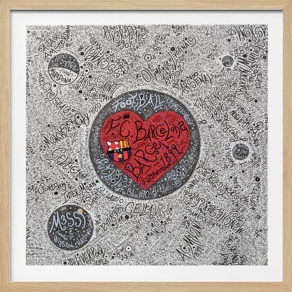 A detailed, hand-drawn typographic artwork with a black and white background filled with the names of various football clubs. At the center is a large, vibrant red heart containing the F.C. Barcelona crest and the word 'Barça' in stylized black script. The entire piece is enclosed in a light wood frame. Poster