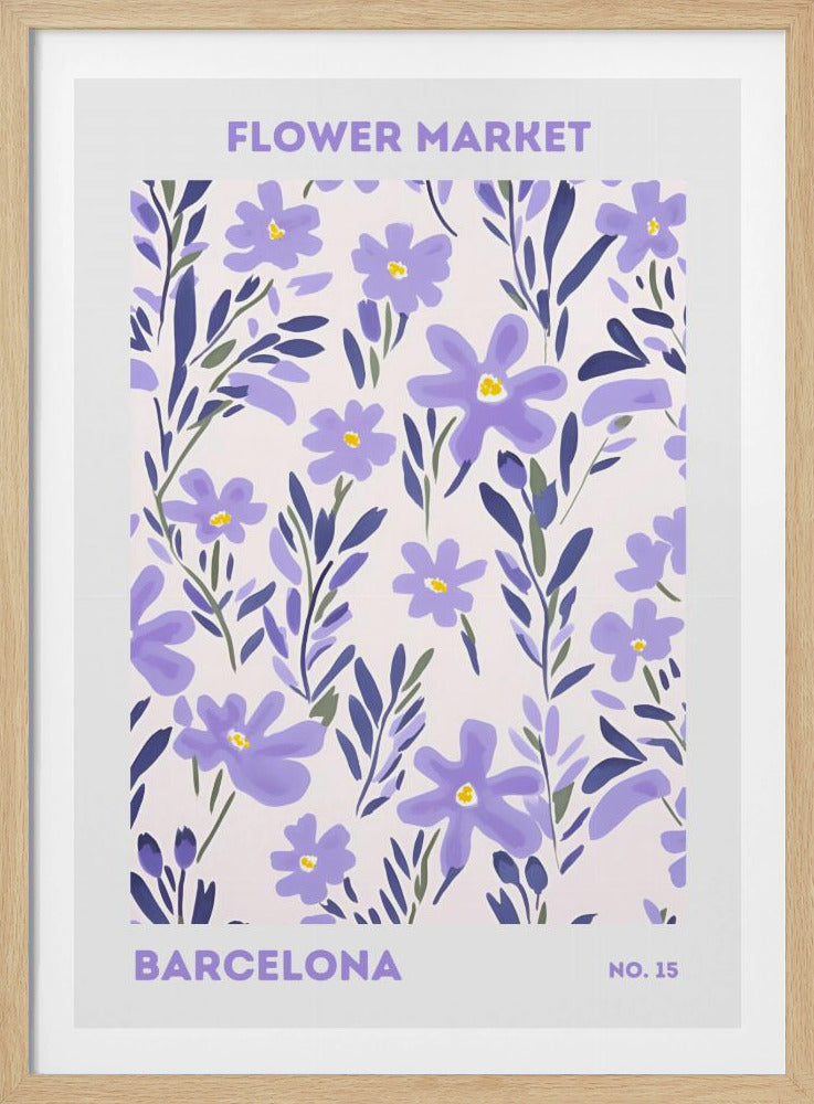 A modern art print of a flower market poster for Barcelona, featuring a dense pattern of purple flowers with yellow centers and dark blue leaves against a light background. The text 'FLOWER MARKET' and 'BARCELONA' is in a bold, purple, sans-serif font. The artwork is shown within a black frame. Print