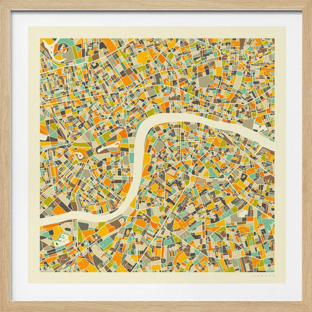 A framed, abstract map of London featuring a colorful mosaic of city blocks in orange, yellow, teal, and brown, with the River Thames winding through the center in a wide, cream-colored band. Poster