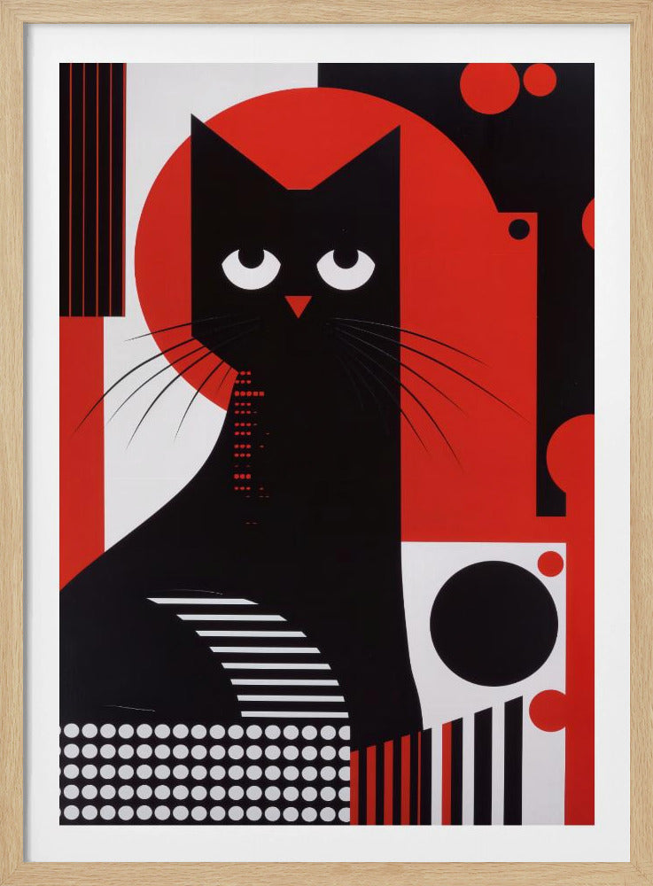 A stylized graphic illustration of a black cat with large, white, crescent-shaped eyes. The cat is set against a large red circle and a background composed of various geometric shapes and patterns in black, white, and red, including stripes, dots, and circles. Decor