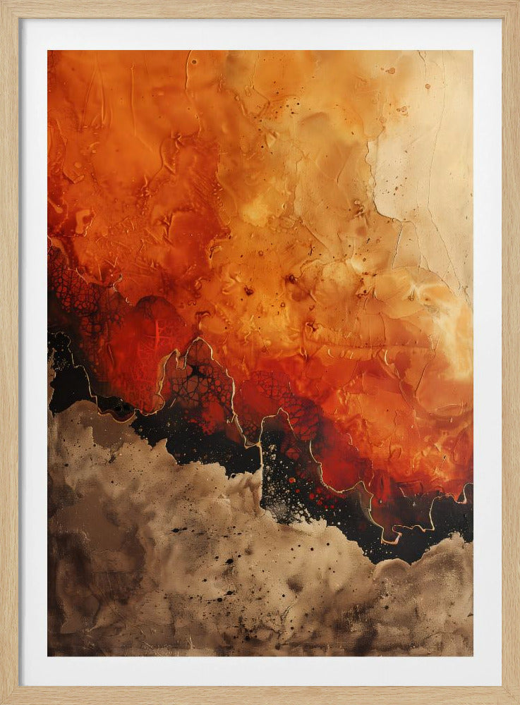 A vertical abstract painting in a black frame, featuring a textured, fiery orange and red upper section transitioning into a jagged black formation outlined in gold. The bottom section is a mottled and speckled blend of brown and beige tones. Artwork