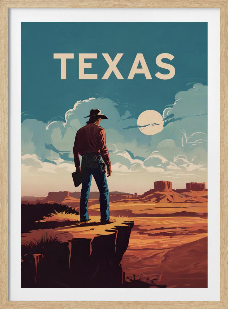 A vintage-style travel poster for Texas featuring a cowboy standing on a cliff edge, looking out over a vast desert canyon landscape with buttes under a blue sky with clouds and a sun. The word 'TEXAS' is at the top in large, bold letters. Poster
