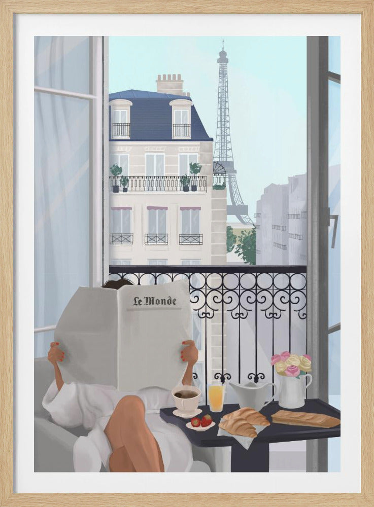 An illustration of a person in a white robe enjoying breakfast while reading a newspaper, with a view from an open balcony showing a Parisian street and the Eiffel Tower in the background. Wall Art