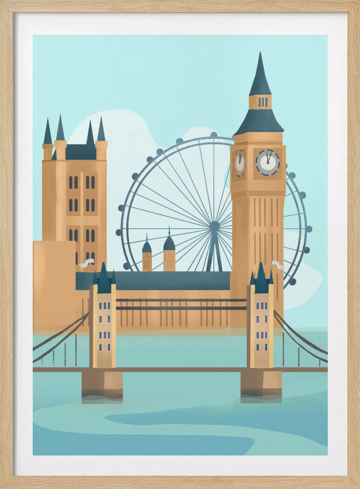 A stylized graphic illustration of the London cityscape, featuring famous landmarks like Tower Bridge, Big Ben, and the London Eye against a pale blue sky, rendered in a modern, flat style. Wall Art