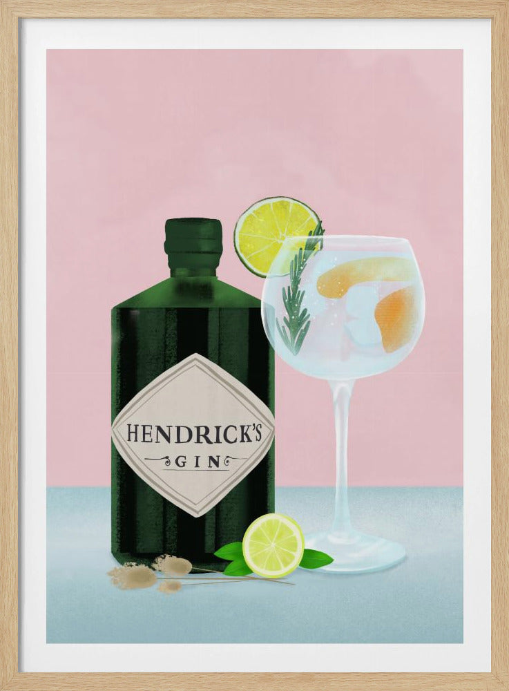 A stylized illustration of a bottle of Hendrick's Gin next to a gin and tonic in a balloon glass. The scene is set against a pink background, with the drink garnished with lime and rosemary, and a lime half resting on the light blue table. Decor