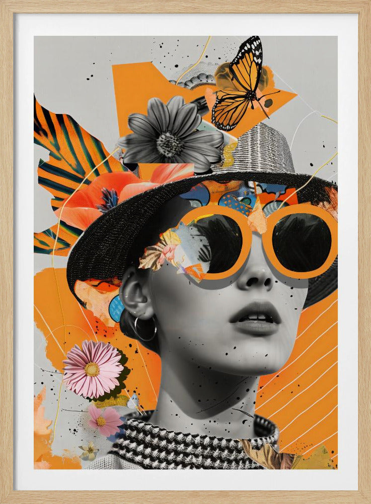 A modern collage featuring a black and white portrait of a woman wearing a black hat and oversized orange sunglasses. The image is layered with cutouts of flowers, a monarch butterfly, and abstract orange shapes against a light gray background with black paint splatters. Decor