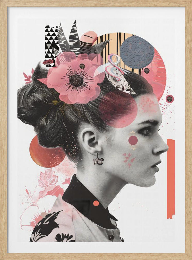 A modern collage artwork featuring a black and white profile portrait of a woman with an elegant updo. Her face and hair are adorned with colorful abstract shapes, including pink and orange circles, geometric patterns, and a large, semi-transparent pink flower. Artwork
