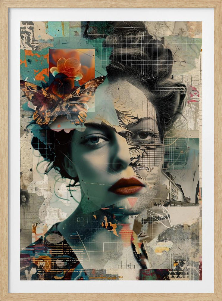 A framed abstract collage featuring the fragmented portrait of a woman. Her face is overlaid with grid patterns, torn paper textures, and illustrations. A large, detailed butterfly and a vibrant orange flower are placed near her left temple. The overall composition is a complex layering of architectural sketches, abstract shapes, and muted tones of teal, beige, and black, with a pop of red on the woman's lips. Artwork