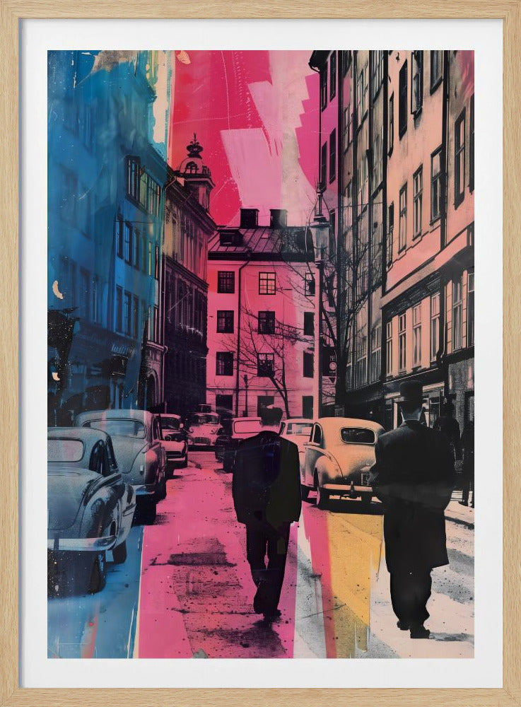 A pop art style image of a vintage city street, featuring two men in dark suits walking away from the camera. The scene is overlaid with bold vertical stripes of vibrant pink and blue, contrasting with the retro cars and architecture. Decor