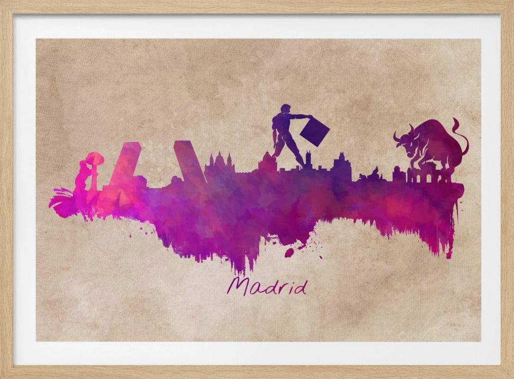 A framed piece of art featuring a watercolor silhouette of the Madrid, Spain skyline in shades of purple and magenta. The skyline includes iconic images such as a flamenco dancer, the Puerta de Europa towers, a matador, and a bull, all set against a textured beige background. The word 'Madrid' is written in cursive below the skyline. Decor