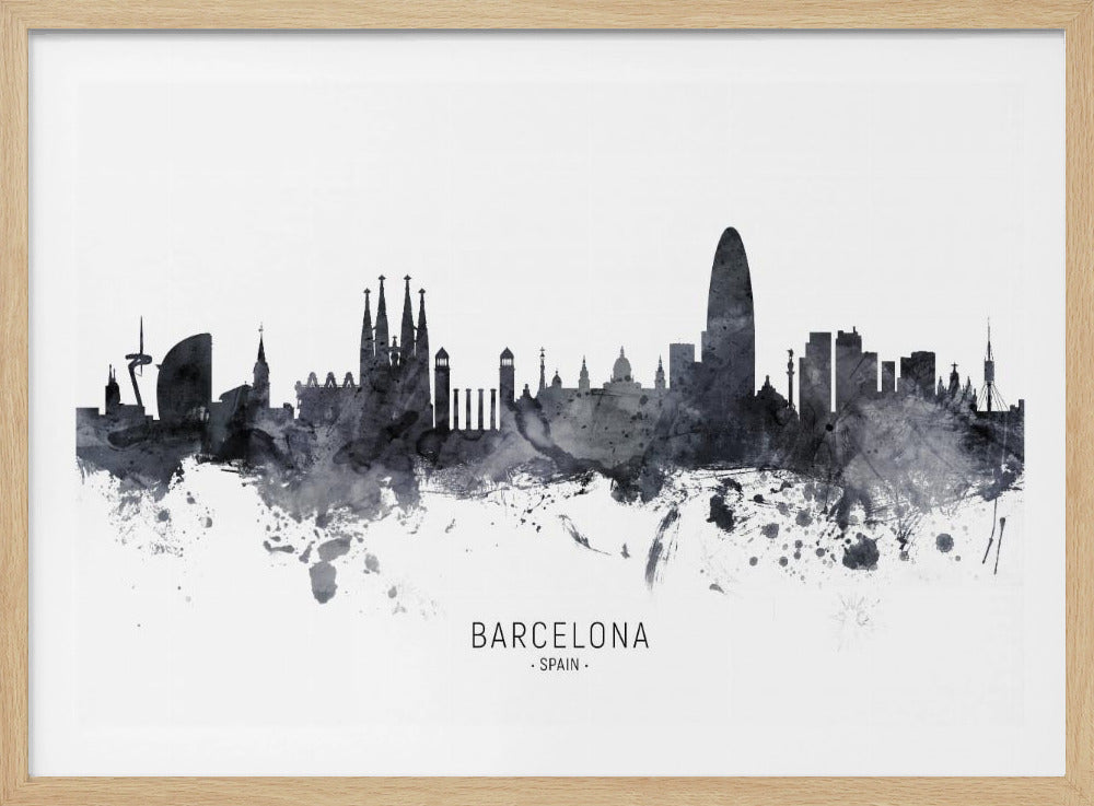 A framed black and white watercolor silhouette of the Barcelona, Spain skyline. Famous landmarks like the Sagrada Familia and Torre Glòries are visible. The word 'BARCELONA' is printed below the cityscape against a clean white background. Poster