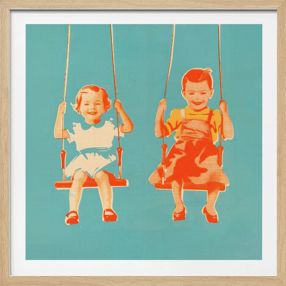 A retro-style art print in a light wood frame, featuring two smiling children on swings against a solid teal background. The image is rendered in a limited color palette of bright orange and off-white, creating a stylized, screen-printed effect. A girl is on the left swing and a boy is on the right. Wall Art