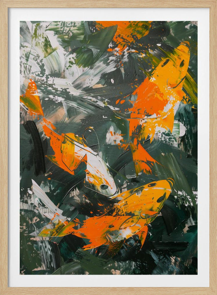 An abstract, vertical painting depicting several koi fish swimming amongst each other. The fish are rendered in bold strokes of orange, yellow, and white, set against a dark, expressive background of green and black brushstrokes. The painting has a textured, impasto style and is presented in a simple black frame. Decor