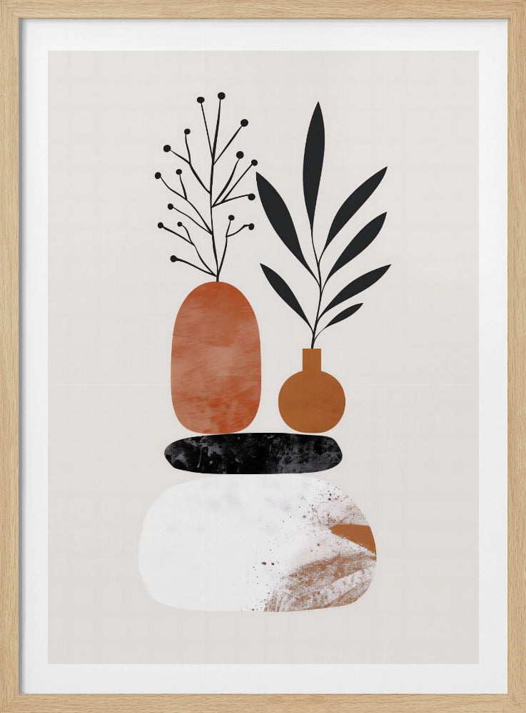 A minimalist abstract illustration featuring a balanced stack of organic shapes. At the bottom is a large white textured stone, followed by a flat black stone, and topped with two terracotta-colored vases. Stylized black plants with leaves and berries sprout from the vases against a light cream background. Wall Art