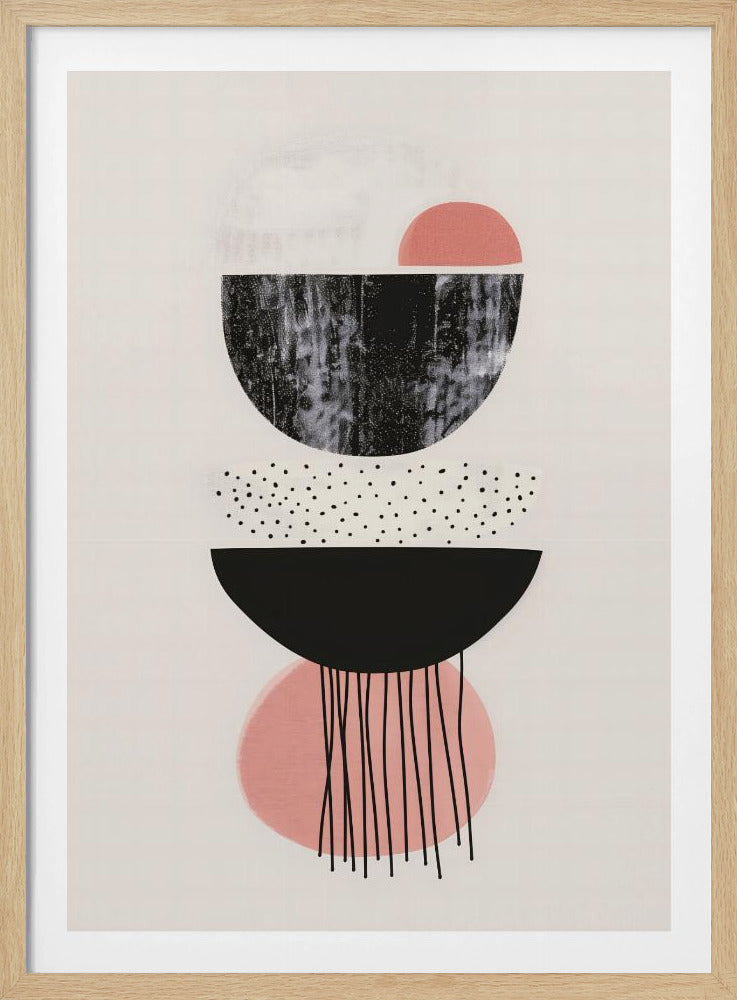 A framed modern abstract art piece with a vertical composition of stacked geometric shapes on a light cream background. The shapes include black and pink semi-circles, some with distressed or polka-dotted textures, and thin black lines dripping downwards from the bottom. Poster