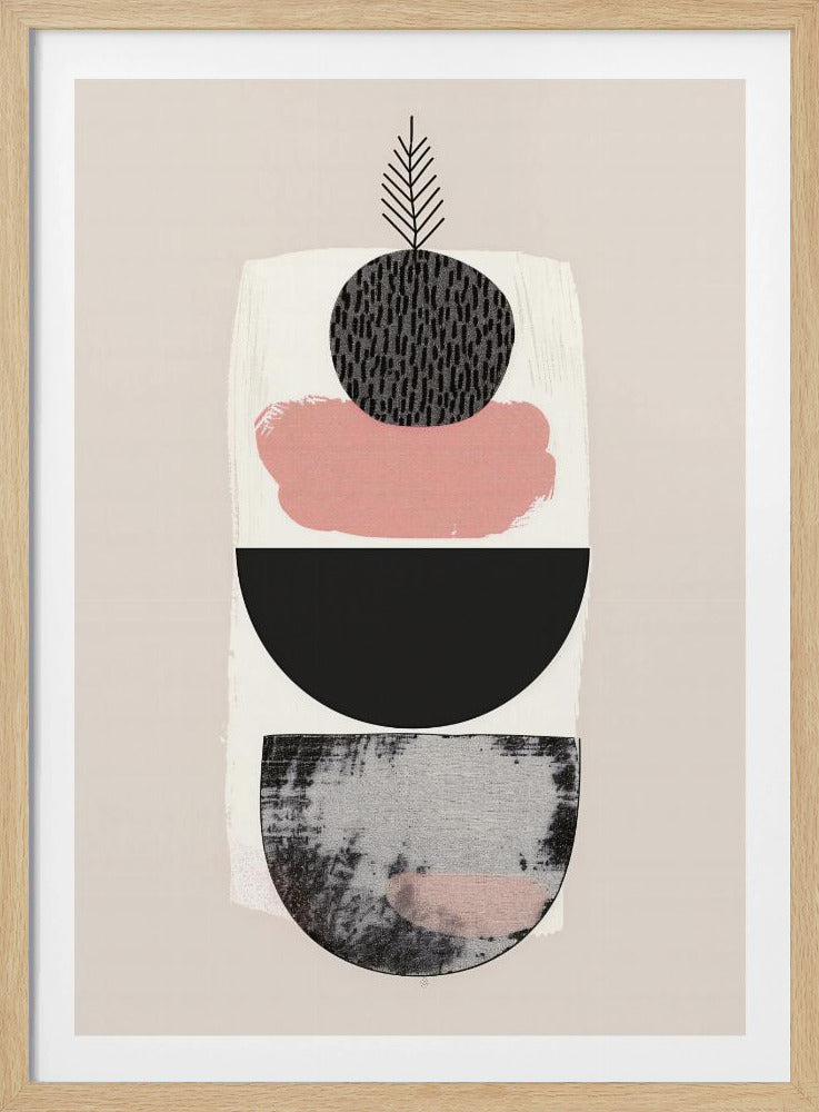 A modern abstract art piece with a vertical composition against a beige background. It features a stack of shapes: a textured black and grey semi-circle at the bottom, a solid black semi-circle, a splotch of muted pink paint, and a textured black circle at the top from which a simple black line drawing of a leaf emerges. The entire piece is in a black frame. Decor