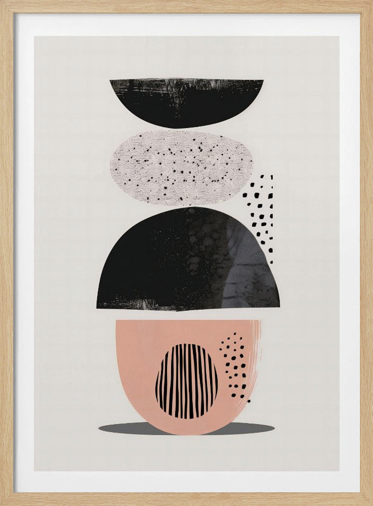 A modern abstract artwork in a black frame, featuring a vertical composition of stacked shapes against an off-white background. From top to bottom, the shapes include a black semi-circle, a speckled light gray oval, a larger textured black semi-circle, and a blush pink bowl-like shape decorated with black vertical lines and dots. Print