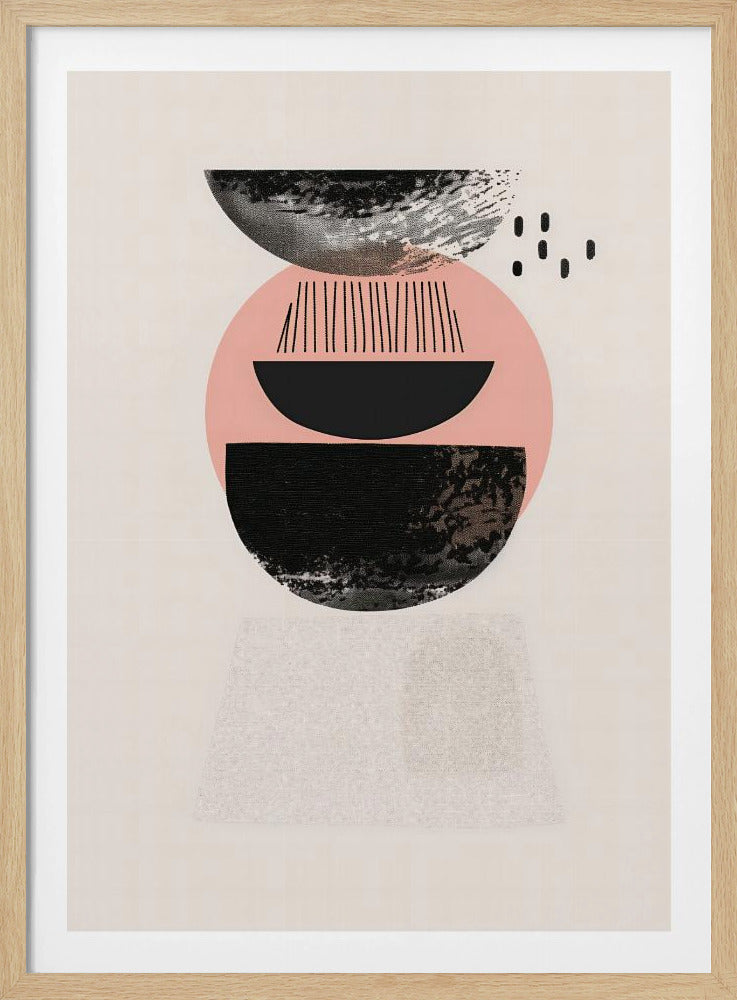 A framed modern abstract artwork with a vertical composition. On a cream background, a stack of geometric shapes in black and pink is depicted, featuring textured semi-circles, a large pink circle, and fine black lines, creating a balanced and minimalist design. Artwork