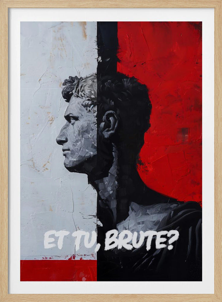 A modern, framed painting depicting a classical Roman bust in profile. The composition is split vertically: the left side has a textured white background with the bust in grey tones, while the right has a bold red background with the bust's silhouette in black. The Latin phrase 'ET TU, BRUTE?' is painted in white at the bottom. Print