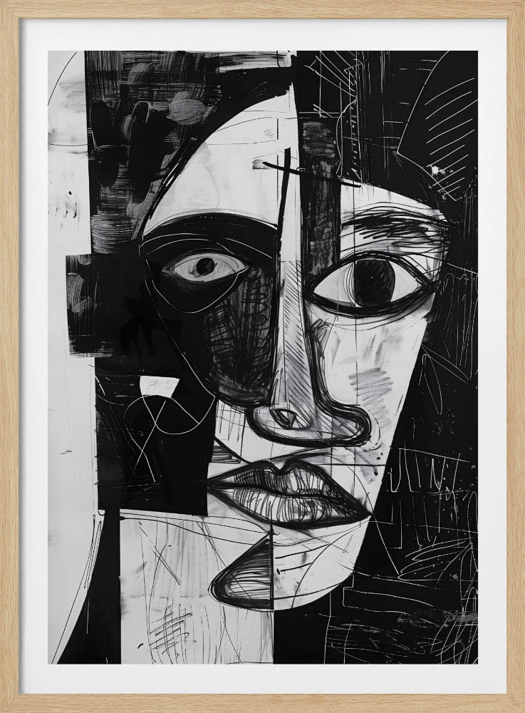 A striking black and white abstract portrait of a face, rendered in a cubist-inspired style. The features are fragmented and asymmetrical, with bold black shapes contrasting against white areas filled with expressive, sketchy linework, creating a powerful and dramatic composition. Poster