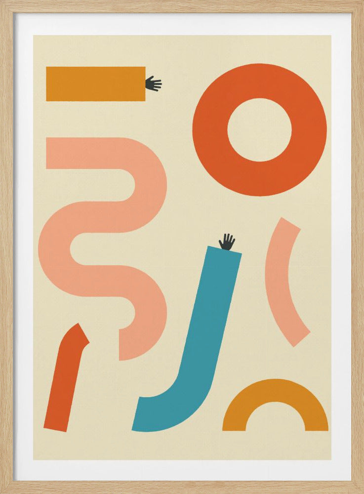 A modern abstract art print with a cream background featuring a composition of bold, colorful geometric shapes. The shapes include an orange ring, a pink S-curve, a blue J-curve, and other arcs and rectangles in shades of orange and pink. Two small, stylized black hands emerge from the ends of two of the shapes, adding a playful, surreal touch. Poster