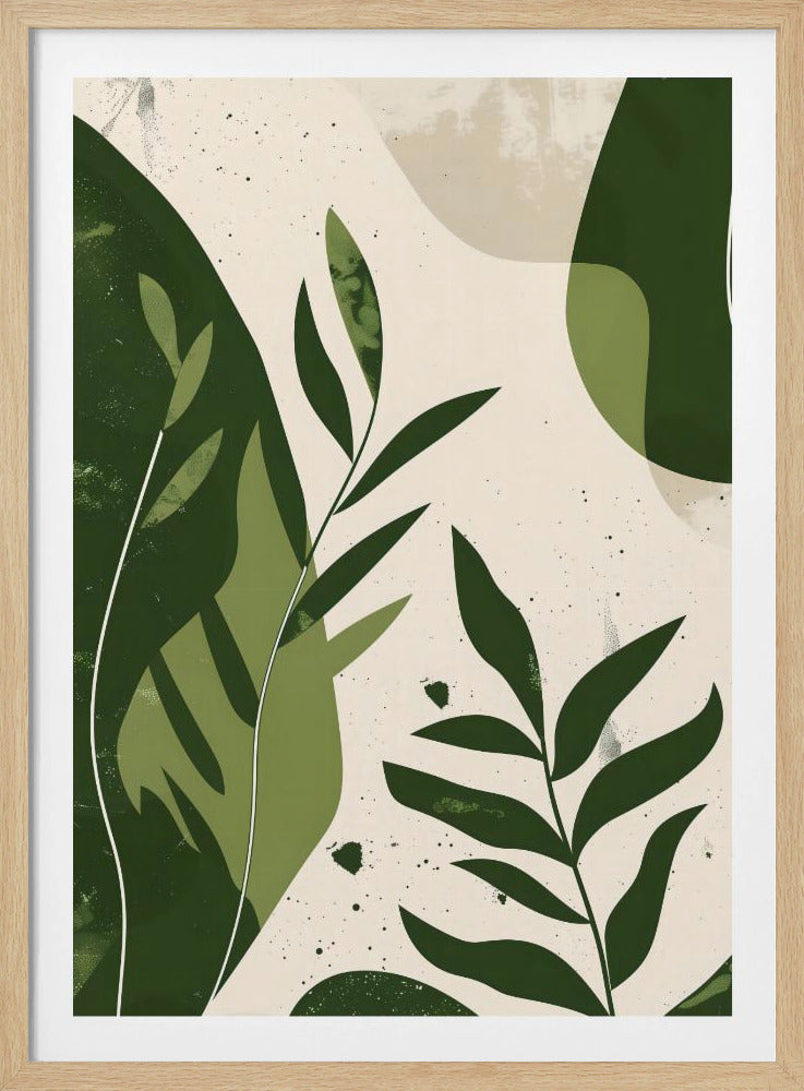 A modern abstract botanical artwork in a black frame, featuring various shades of green leaves and organic shapes layered over a speckled, off-white background. The style is minimalist with a textured, painterly feel. Wall Art