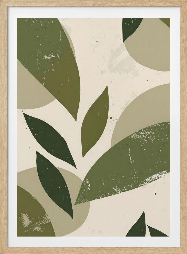 A framed abstract artwork featuring a collage of stylized leaf shapes in various shades of green, including olive and sage. The shapes overlap against a light beige background, and the entire piece has a distressed, textured finish with small black speckles. The composition is modern and botanical. Decor