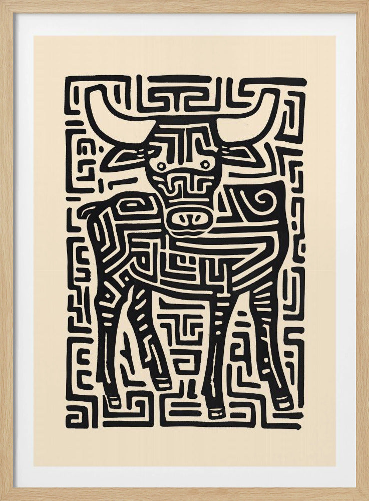 A stylized black and cream artwork of a bull, where the animal and its background are formed by a single, continuous maze-like or labyrinthine pattern of thick black lines on a cream-colored paper, enclosed in a thin black frame. Print