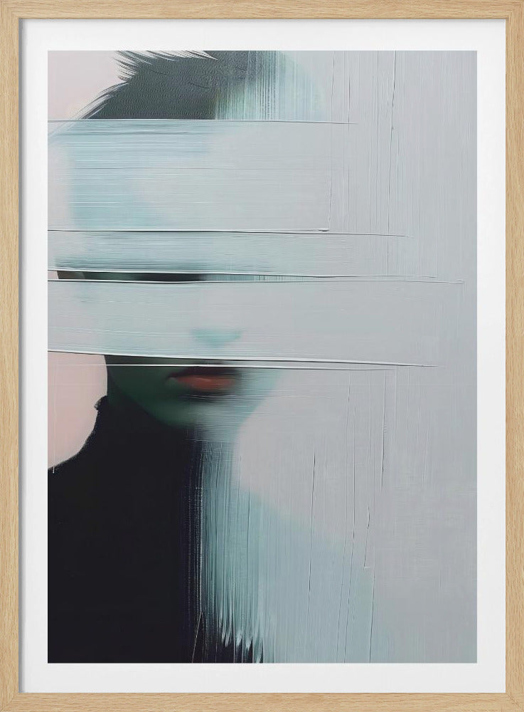 An abstract portrait of a person in a black turtleneck, their face is obscured by thick, horizontal and vertical strokes of pale blue-gray paint, leaving only their mouth visible. The artwork is presented in a simple black frame. Poster