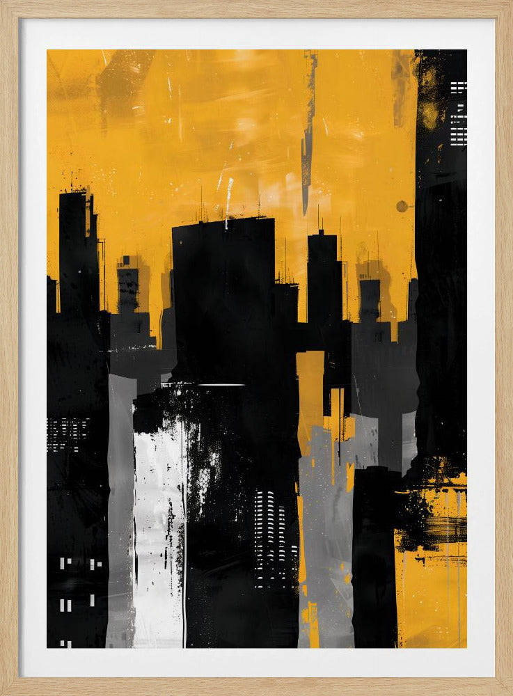 An abstract painting of a city skyline with stark black, grey, and white building silhouettes set against a vibrant, textured mustard yellow sky, framed in black. Artwork