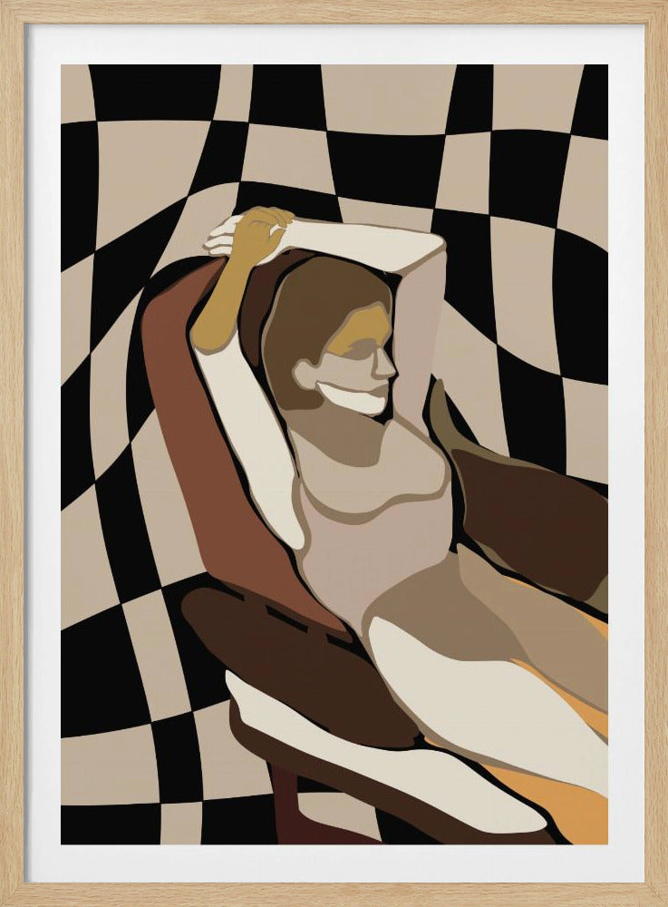 An abstract figurative painting of a person lounging in a dark brown chair. The figure is rendered in blocks of neutral colors like brown, beige, and tan, with their arms raised behind their head in a relaxed pose. The background is a distorted black and beige checkerboard pattern, giving a sense of movement and surrealism. The artwork is presented within a thin black frame. Wall Art